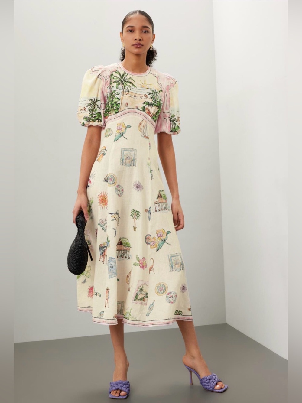 ALEMAIS Sunset Puff-Sleeve Printed Linen Midi Dress 6 - Picture 3 of 7